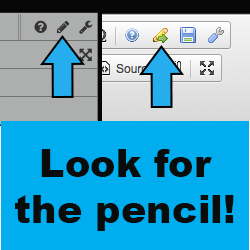 An illustrated guide on how to find the editor switch button. Click the pencil icon to toggle between WYSIWYG and plaintext editor modes.